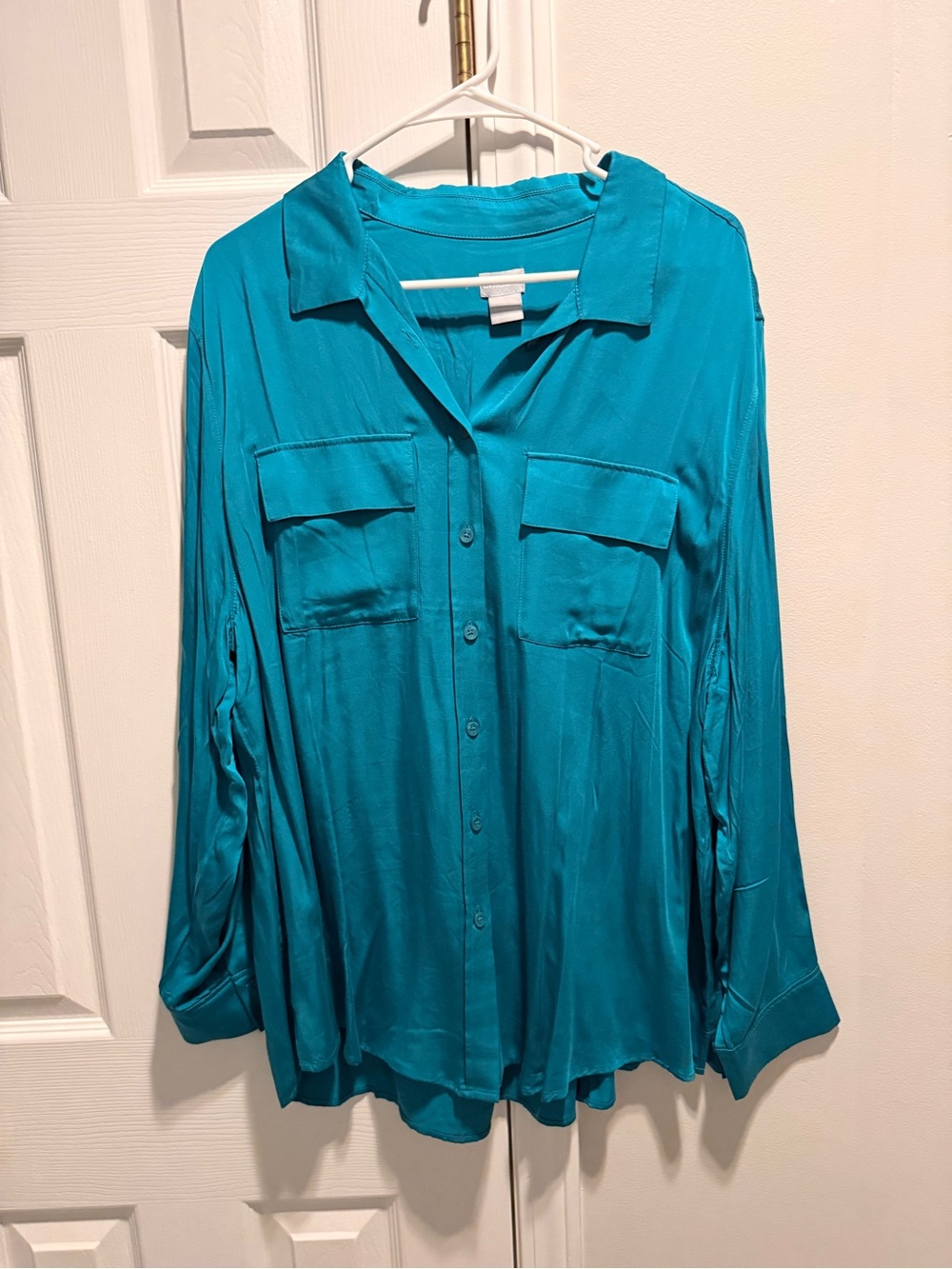 Chico's Teal Button-Front Pocket Blouse